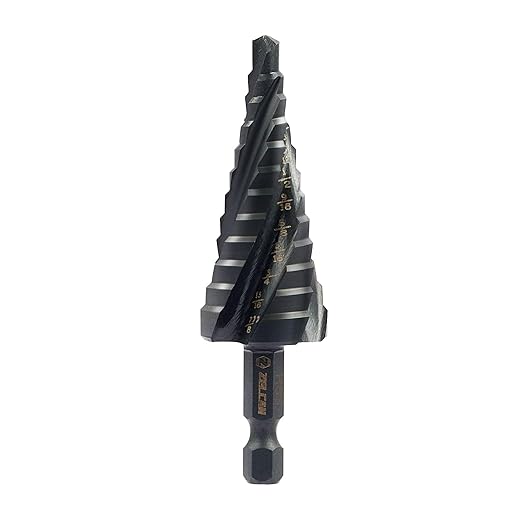 ZELCAN 12 Sizes Step Drill Bit, Four Spiral Flute Step Bit for Metal, Titanium-Coated HSS 3/16" to 7/8" Step Drill Bit with 1/4" Hex Shank for Stainless Steel Aluminum Copper Wood Plastic