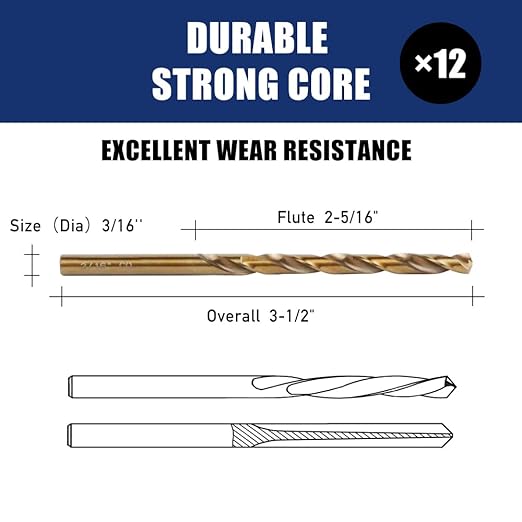 12pcs 3/16" Cobalt Drill Bit Set, M35 HSS, 135 Degree Tip, M35 Jobber Drill Bits for Metal, Stainless Steel, Cast Iron, Wood, Plastic, Fully Ground from Pro Edge Technology
