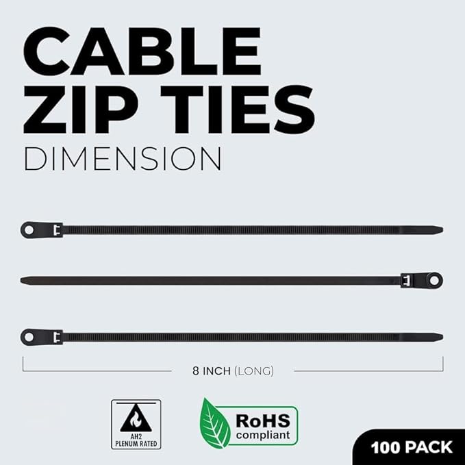 BEST CONNECTIONS Black Cable Ties – 100 Pieces 8 inches with Screw Down Hole for Mounting- Strong Nylon Wire Ties with 50 Lbs Tensile Strength – Cable Management Ties for Outdoor & Indoor