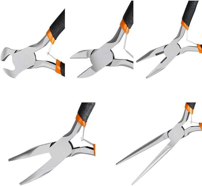 SOONAN 5 Pieces Mini Pliers, Long Lasting Tool Set Cable Cutters – Long Needle Nose, Long Nose, Nipper Bent Nose, End Cutting, Diagonal Cutting, Precision Pliers Set