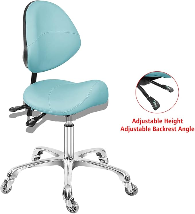 Saddle Stool Dental Hygienist Chair with Back Support, Rolling Esthetician Saddle Stool for Lash Salon Tattoo Shop Spa Dentist Clinic (with Backrest, Cyan)