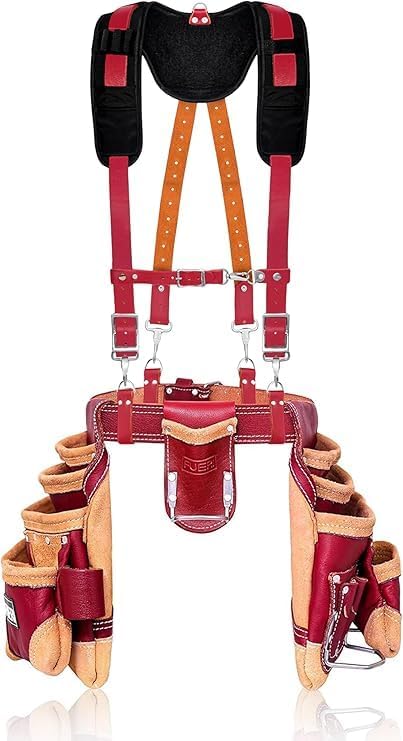 FUERI Leather Tool Belt Suspenders for Carpenters Construction Electricians Framers Bags Pouches Holder Organizer Set (16 Pocket Maroon Set, Adjustable)