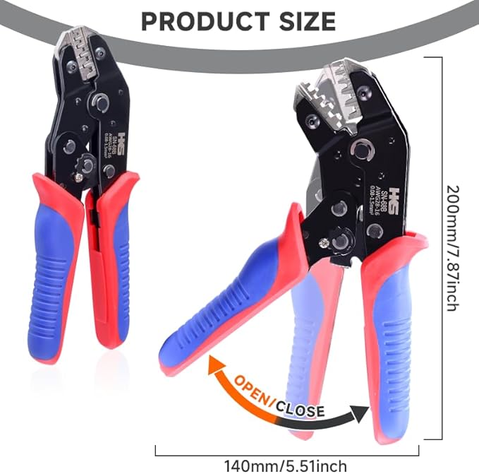 HKS SN-68B Open Barrel Crimping Tool, 28–16 AWG (0.08–1.5mm²) Ratcheting Wire Crimper for JST-SH/GH/ZH/PH/XH/SM, Dupont, Molex, TE, PCIE, SATA Terminals