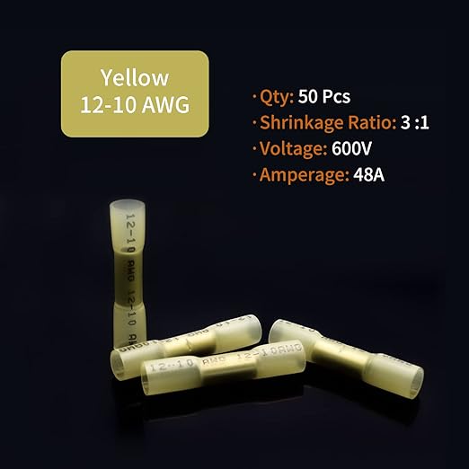 12-10 AWG Heat Shrink Butt Connectors - 50Pcs Yellow Waterproof Crimp Electrical Wire Connectors Splice Marine Automotive Cable Wiring Terminals