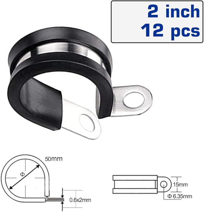 HOLYBEAR 2 Inch Stainless Steel Cable Clamp, Rubber Insulated Metal Conduit Wire Holder Strap Clips for Pipe, Tube, Hose Bracket (50mm, 12pcs)