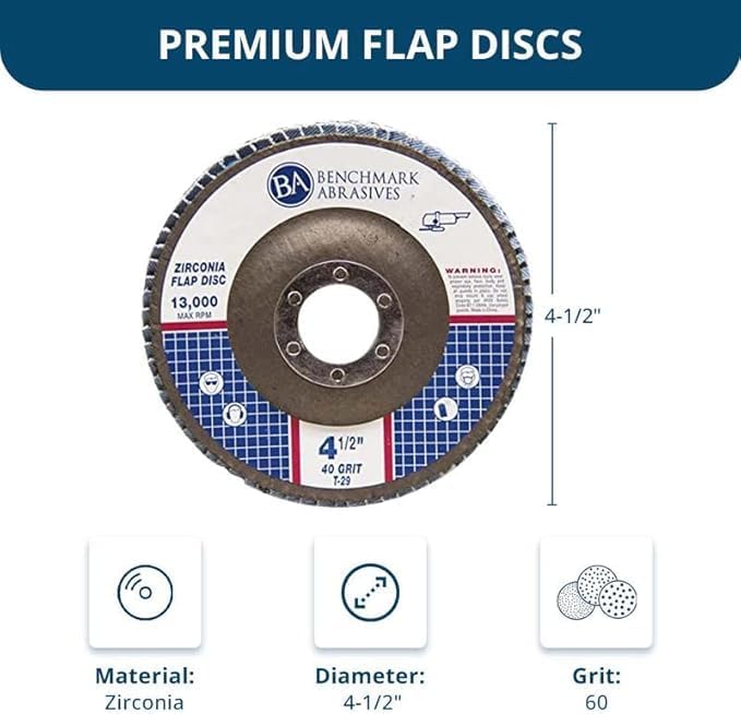 Benchmark Abrasives 4.5" x 7/8" Premium Zirconia T29 Angled Flap Discs 4 1/2 for Angle Grinder, Sanding Discs, Finishing, Rust, Stock Removal- Grinding Wheels 4 1/2 Inch (10 Pack) - 60 Grit