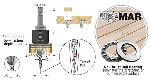 Amana Tool 55153 Carbide Tipped 82 Degree Countersink with Tapered Drill and Adjustable Depth Stop with No-Thrust BB 3/8 D x 5/32 Drill D x 1/4 Inch Quick Release Hex SHK