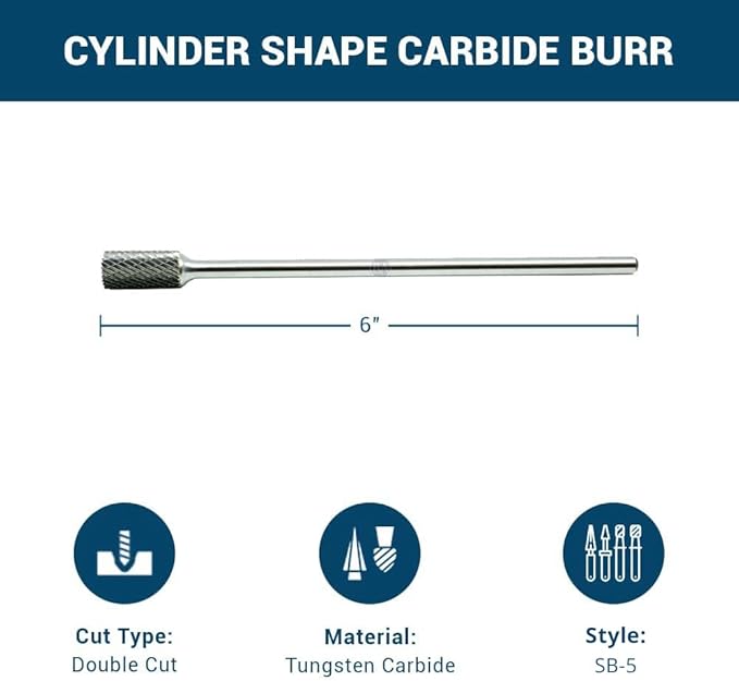 Benchmark Abrasives 6” Cylindrical Shape End Cut Double Cut Tungsten Carbide Die Grinder Bits Metal Deburring Tool Rotary Burr, 1/4 Inch Shaft, Engraving Tool for Woodworking Shaping Carving (SB-5)