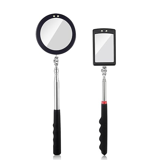 2 Pieces Telescoping Inspection Mirror LED Light Set with Large 3.75" Round Mirror, and 3.3" Square Mirror, Flexible 360 Swivel, for Inspection Viewing, Mechanic Checking, Observation