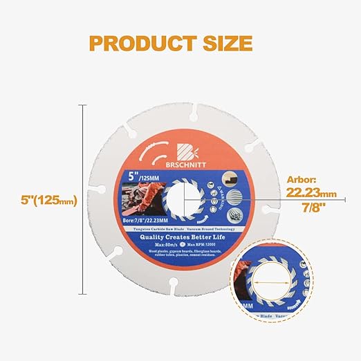 Carbide Multi Wheel,BRSCHNITT 10pcs 5 Inch (125mm) with Arbor 7/8" Tungsten Carbide Cut Off Wheel for Wood,Laminate,Gypsum Board,Plastic for Angle Grinder Cutting Disc