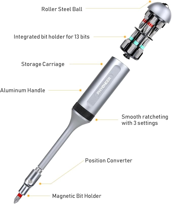 13-in-1 Ratcheting Screwdriver Set with 12 S2 Driver Bits, Direction Converter, and Magnetic Storage - Durable Aerospace Aluminum Handle for Household and Automotive Use.