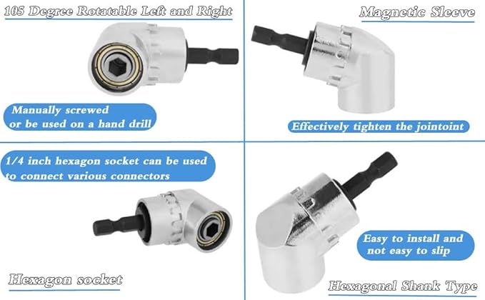 105 Degree Right Angle Drill Adapter, 1/4" Hex Shank Driver Angle Drill Attachment with Multi-function Bend Screwdriver Bit, Angle Driver for Drill, Drill Attachment for Household Work (L+S（BK）+FS)