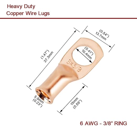 6 AWG 3/8" Stud (16 pcs.) Heavy Duty Copper Wire Lugs with Heat Shrink Tubing, Ring Terminals, Battery Cable Ends, Eyelets, Tubular Ring Connectors