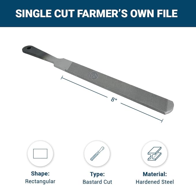Benchmark Abrasives 8" Single Cut Farmer’s Own File, American Pattern Second Cut Rectangular Hand File Without Handle for Filing Agriculture or Garden tools, Axe (8")