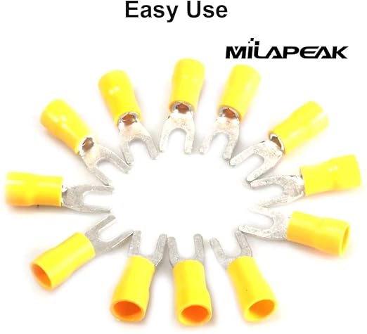 100pcs Insulated Fork Spade Wire Connectors, U Type Electrical Crimp Terminals Kit for 12-10 AWG Cable by MILAPEAK (Yellow)