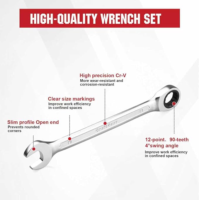 Ratcheting Wrench Set with Organizer Box, 12 Point Wrench Se t, Cr-V Constructed