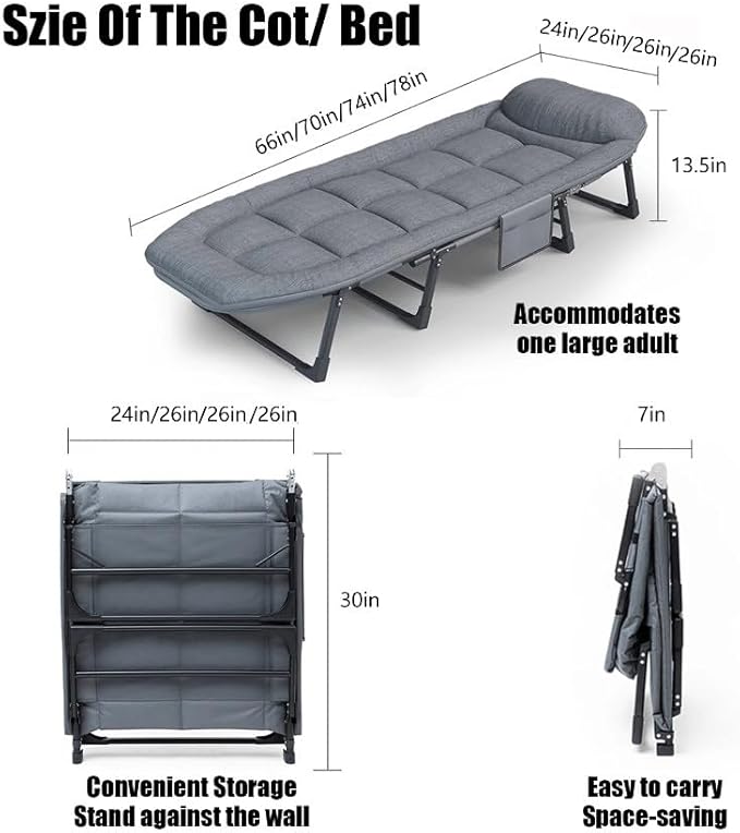 Camping Cot Recliner Portable Folding Bed with Pillow Adjustable Backrest Heavy Duty Frame for Sleeping Travel Office Indoor Outdoor Use (Large(74in))