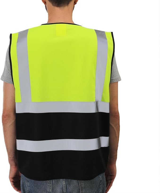 Dib Safety Reflective Vest High Visibility with Pockets and Zipper, Yellow and Black 2XL