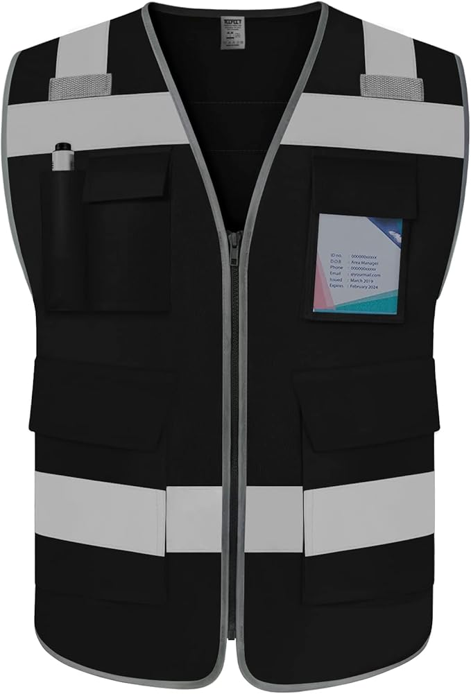 TCCFCCT Hi Vis 5 Pocket High Visibility Safety Work Vest for Men Women, Reflective Construction Vest with High Reflective Strips, Durable and Fashion, Meets ANSI/ISEA Standards, Black, M