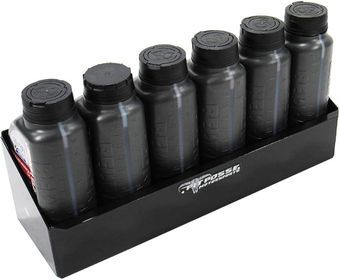 Pit Posse 563BK Oil Shelf Caddy Six Bottle Rack Holder- Made in USA - Holds 6 Quarts of Automotive Motor Engine Oil - Enclosed Race Trailer Shop Garage Aluminum Storage Organizer (Black)