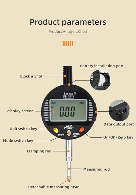 Digital dial Gauge, with a Range of 0-1in/25.4mm and a Digital Indicator Accuracy of 0.001mm/0.00005 "Metric and Imperial Measure Tool Electronic Dial Gauge (ACE-Q25)