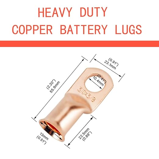 3/0 AWG 3/8" Stud (10 pcs.), Heavy Duty Battery Ring Terminal, 000 Gauge Wire Connectors, 3/0 Gauge Copper Ring Terminals, Wire Lugs, Bare Copper Eyelets, Tubular Ring Terminal Connectors