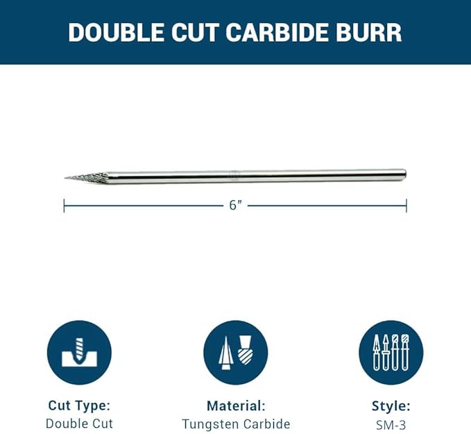 Benchmark Abrasives 6” Pointed Cone Shape Double Cut Tungsten Carbide Die Grinder Bits Metal Deburring Tool Rotary Burr, 1/4 Inch Shaft, Engraving Tool for Woodworking Shaping Carving (SM-3)