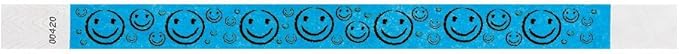 200 WristCo Neon Blue Smiley Face Tyvek Wristbands for Events - ¾” x 10” - Waterproof Recyclable Comfortable Tear Resistant Paper Bracelets Wrist Bands for Concerts Festivals Admission Party