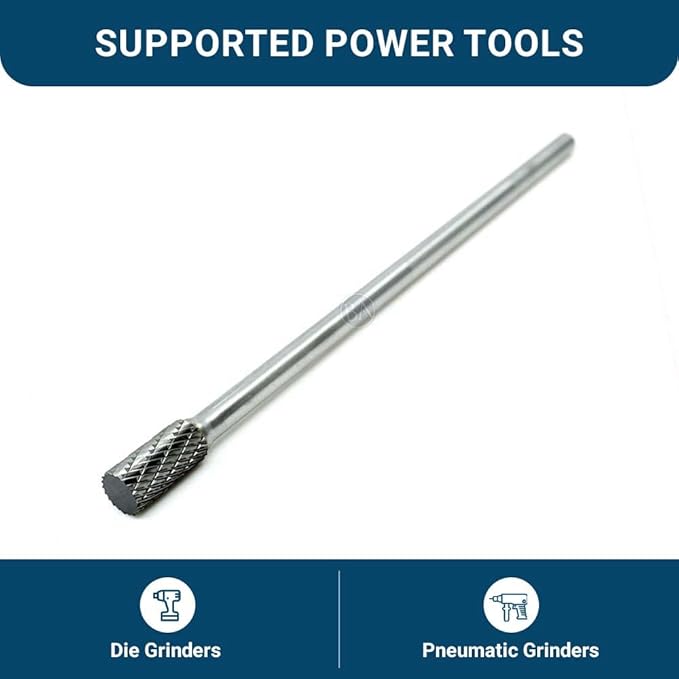 Benchmark Abrasives 6” Cylinder Shape Double Cut Tungsten Carbide Die Grinder Bits Metal Deburring Tool Rotary Burr, 1/4 Inch Shaft, Engraving Tool for Woodworking Shaping Carving (SA-3)