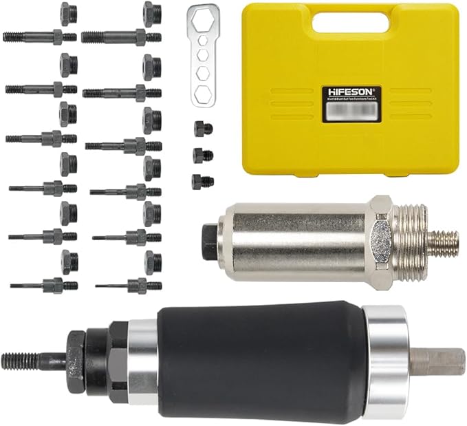HIFESON Rivet Nut Tool, Electric Drill Adapter Rivet & Rivet nut Two Functions Rivnut Tool Kit,Including 12 Rivet Nut Mandrels and 4 Rivet Heads
