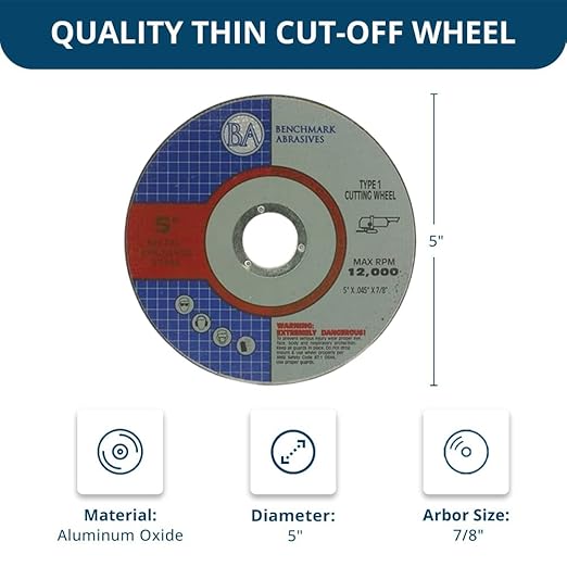 Benchmark Abrasives 5 Inch Aluminum Oxide Thin Type 1 Grinder Cut Off Wheels for Metal and Stainless Steel .045" Thick 7/8" Arbor, Angle Grinder Cutting Disc, Grinding Cutting Wheel - 50 Pack