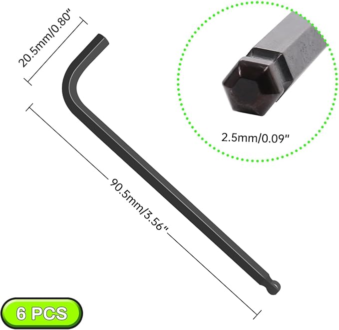 2.5mm Ball End Hex Key Set, 6pcs L-Shaped Allen Wrenches Long Arm, CR-V Steel, Black Oxide Finish, High Torque Repairing Tool for Furniture, Bike, Equipment Maintenance