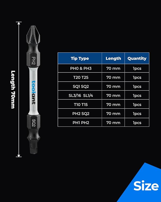 toolant 2 Inch Double-Ended Screwdriver Power Bit, 7 Pcs Impact Bit Set With Magnetic(PH2 & PH1 ; PH3 & PH0 ; SL1/4" & SL3/16"; SQ2 & SQ1;T25 & T20; T15 & T10; PH2 & SQ2),1/4 Hex Shank With Case