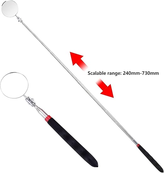6 Pcs Extended Handle Telescopic Mirror Set - Car Inspection Mirror, 50mm Diameter, Round Handle, 360-Degree Rotation, Stainless Steel Universal Folding Telescopic Round Mirror (Black)