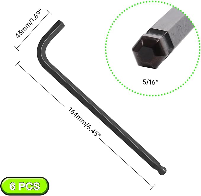 5/16" Ball End Hex Key Set, 6pcs L-Shaped Allen Wrenches Long Arm, CR-V Steel, Black Oxide Finish, High Torque Repairing Tool for Furniture, Bike, Equipment Maintenance
