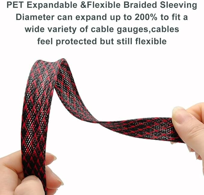 25ft - 1/8 inch Braided Cable Management Sleeve Cord Protector PET Expandable Braided Sleeving-Self-Wrapping Wire Loom for TV/Computer/Home Theater/Engine Bay - Black&Red