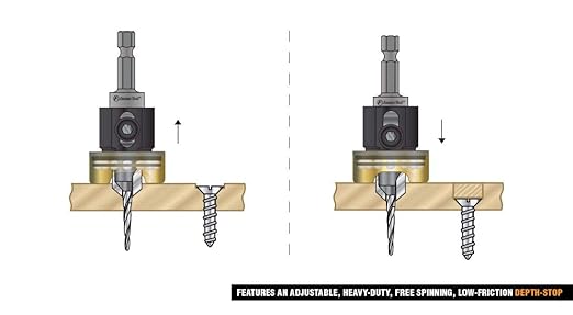 Amana Tool 55153 Carbide Tipped 82 Degree Countersink with Tapered Drill and Adjustable Depth Stop with No-Thrust BB 3/8 D x 5/32 Drill D x 1/4 Inch Quick Release Hex SHK