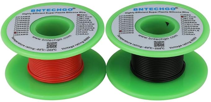 BNTECHGO 28 Gauge Silicone wire spool red 25ft and black 25ft Flexible 28 AWG Stranded Tinned Copper Wire