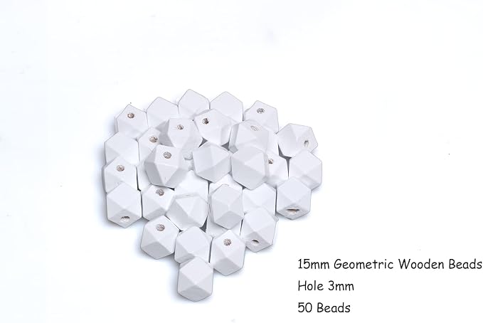 50pcs 15mm White Geometric Wooden Beads, Hole 3mm, Spacer Beading Supplies - Image 5