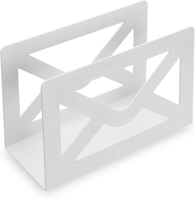 MyGift White Metal Desktop Mail Holder with Cutout Envelope Design Home and Office Desk Letter Organizer