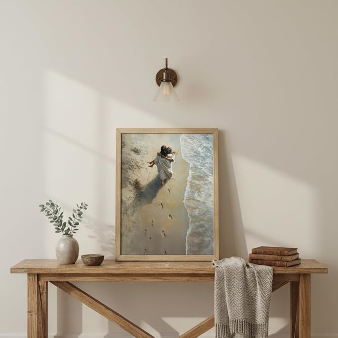 Framed Jesus Holding Woman Canvas Print Footprints in The Sand Wall Art Wood - Image 9