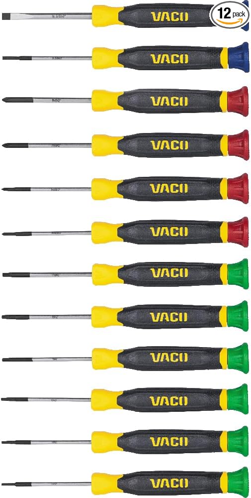 VACO VAC7123 12-Piece Precision Screwdriver Set, Phillips, Slotted, TORX with Color Coded Handles, Ideal for Precise Tasks in Tight Spaces