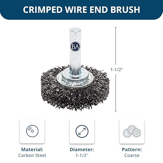 Benchmark Abrasives 1-1/2 Inch Grinder Mounted Crimped Wire Wheel for Drill with 1/4" Shank, Steel Brush for Rust Removal, Cleaning, Deburring on Cast Iron, Steel Rotary Tools (5 Pack) - Carbon Steel