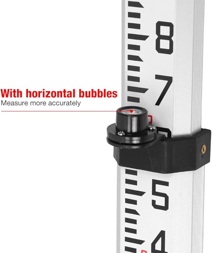 16FT Aluminum Grade Rod & Telescopic Leveling Rod - 5-Stage Survey Rod with Bubble Level, Dual-Sided Grade Stick for Laser Level, Portable Measuring Stick for Surveying