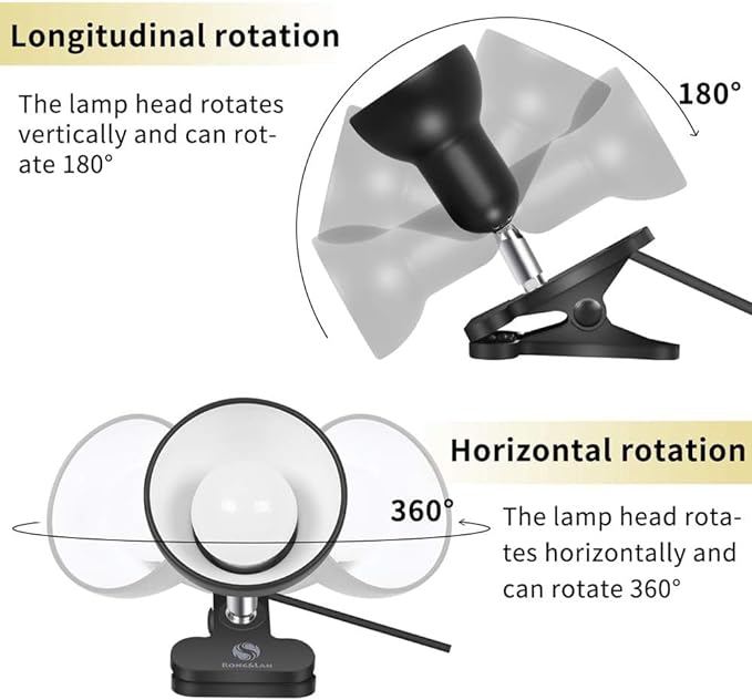 RONG&LAN Clip lamp,360° Rotation Clip on Lamp Portable Book Reading Light,Clamp on Desk/Table/Bunk Bed/Cupboard Home Lighting, (Desk lamp,Seven Colors for Your Choice) (Black,2)