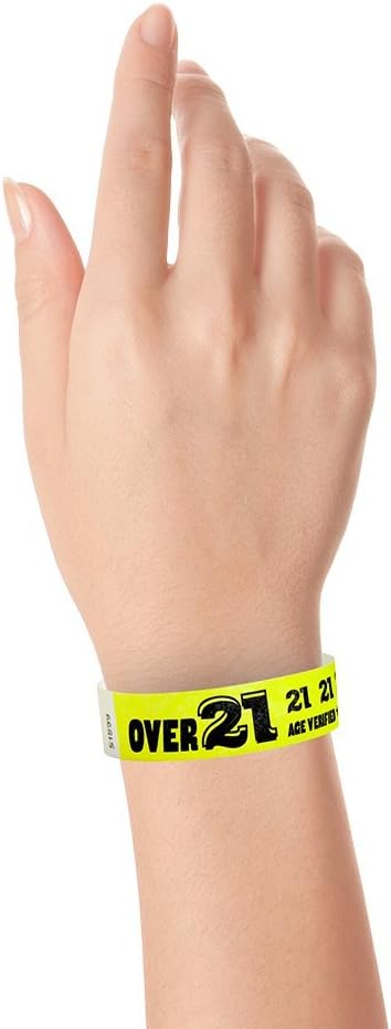 200 WristCo Over 21 Neon Yellow Tyvek Wristbands for Events - ¾” x 10” - Waterproof Recyclable Comfortable Tear Resistant Paper Bracelets Wrist Bands for Concerts Festivals Admission Party