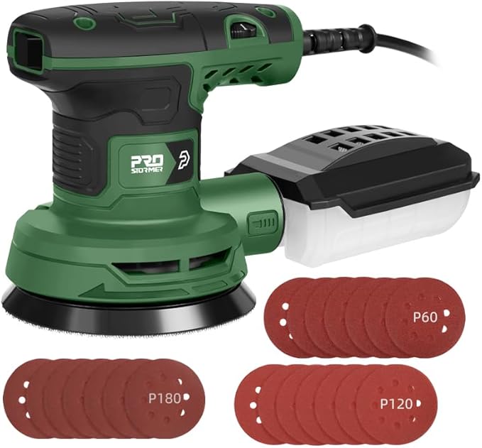 Prostormer 5-Inch Random Orbital Sander with 21PCS Sandpapers, 8000-13000RPM, 2.6AMP Palm Sander with 6 Variable Speeds, Dust Collection For Polishing, Sanding