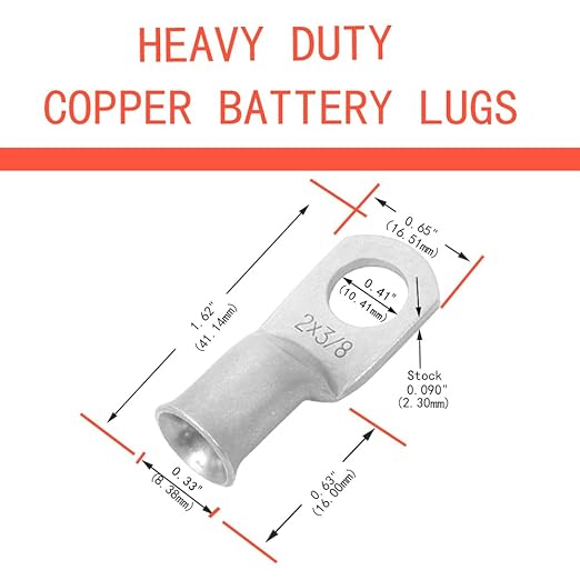 2 AWG 3/8"" Stud (10 pcs.) Battery Ring Terminal 2 awg lugs 2 Gauge Connectors Heavy Duty Wire Lugs Battery Cable Ends Tubular Ring Terminal Battery Terminal Connectors Tinned Copper Eyelets