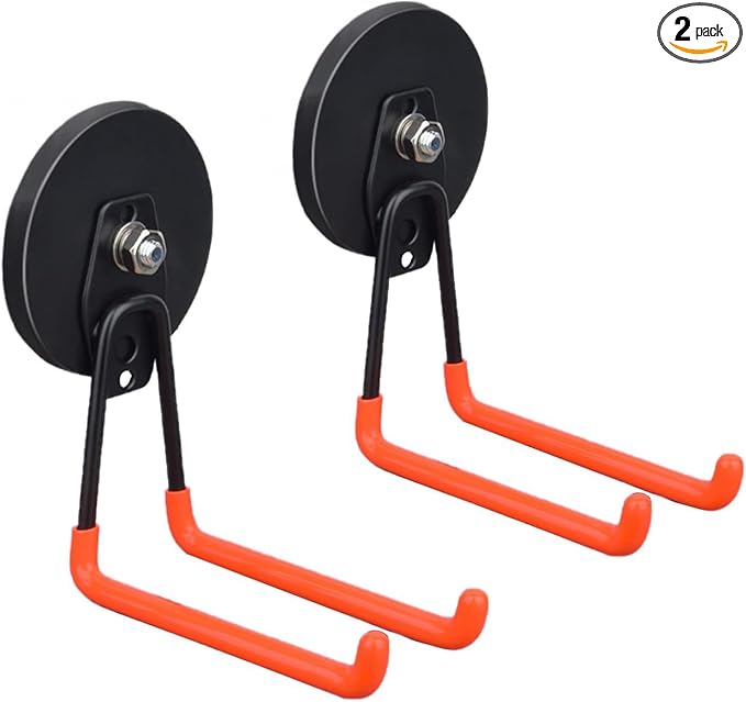 Heavy Duty Large Magnetic Hooks, 2 Pack Strong Magnet Hooks for Power Drill,Garden Tools,Hose,Straps,Steel Pegboard,Workshop,Anti-Scratch Magnetic Garage Hooks,Magnetic Cable Holder