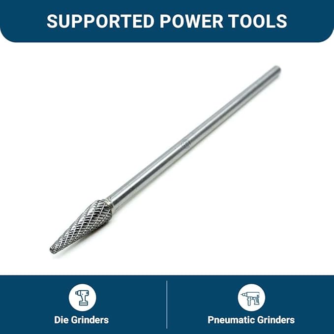 Benchmark Abrasives 6” Taper Shape Radius Double Cut Tungsten Carbide Die Grinder Bits Metal Deburring Tool Rotary Burr, 1/4 Inch Shaft, Engraving Tool for Woodworking Shaping Carving (SL-3)